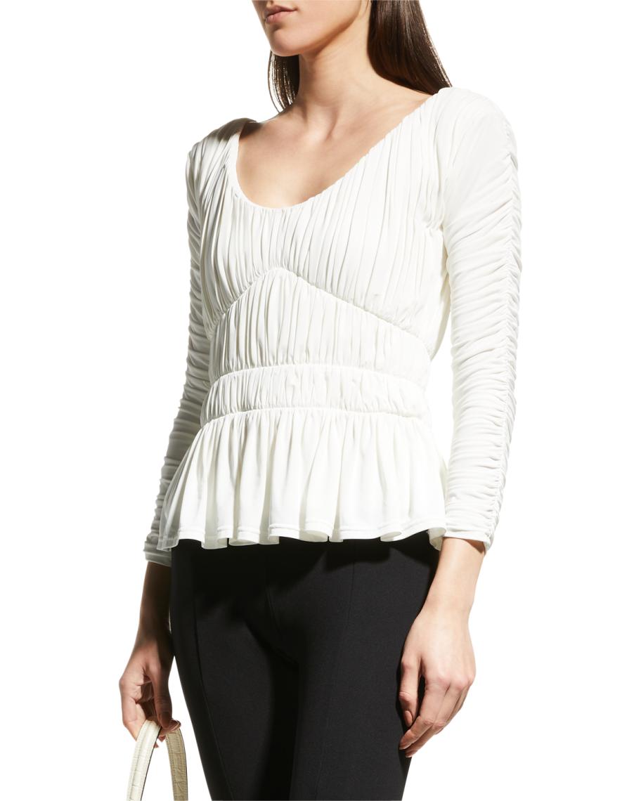 Tove Lydia Ruched Long-Sleeve Peplum Top | Neiman Marcus
