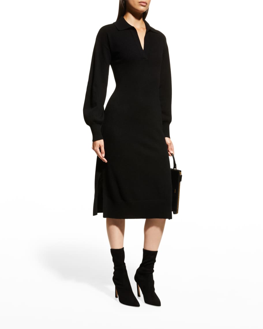 Neiman Marcus Cashmere Collection BlousonSleeve Cashmere Midi Dress