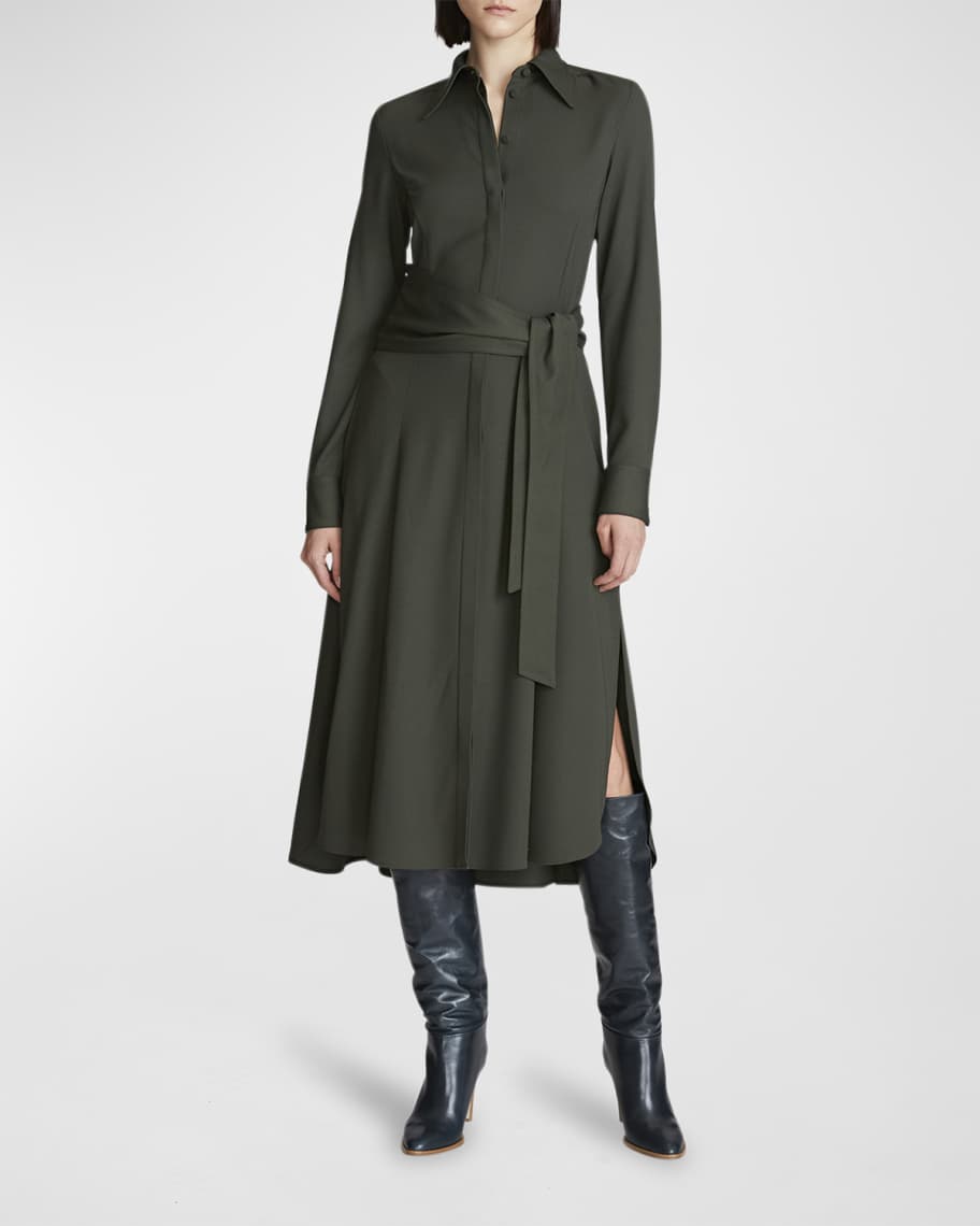 Halston Kori Belted Wool-Blend Midi Shirtdress | Neiman Marcus