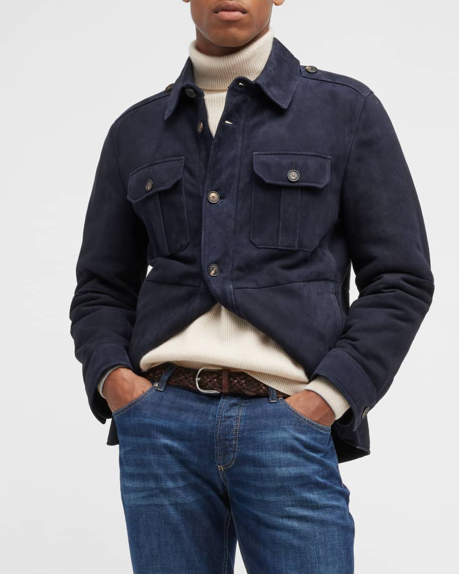 Brunello Cucinelli Men's Shearling-Lined Suede Zip Shirt Jacket