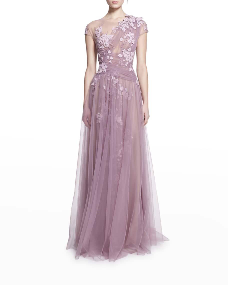 Marchesa Floral Embroidered Draped Tulle Gown | Neiman Marcus