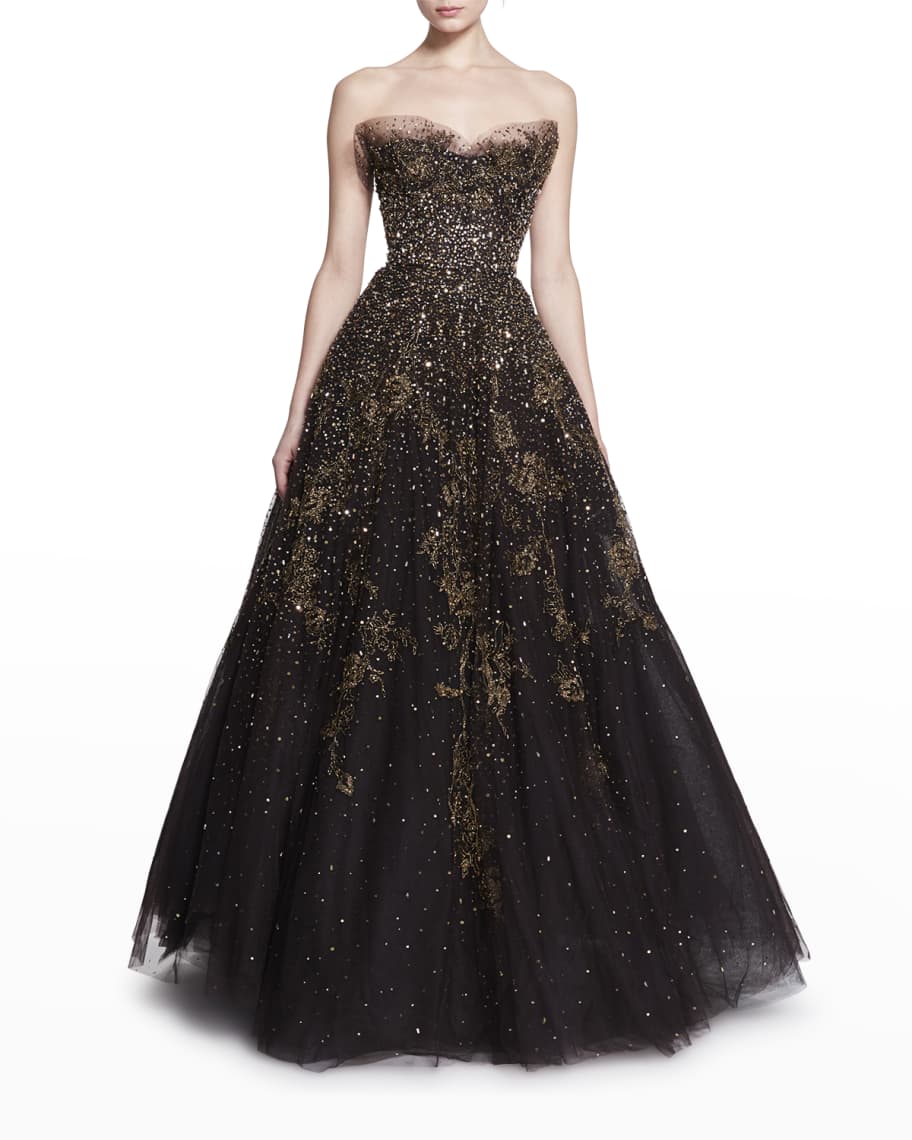 Marchesa Strapless Floral-Beaded Sequin Tulle Ballgown | Neiman Marcus