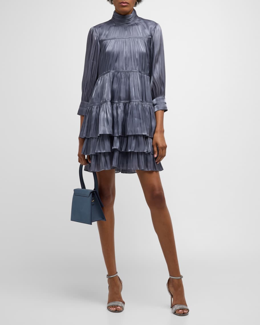 Cinq a Sept Riva Satin Plisse Tiered Turtleneck Mini Dress | Neiman Marcus