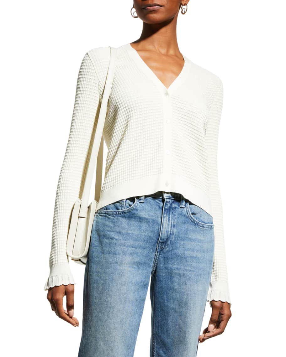 Theory Lace-Trim Micro Textured Cardigan | Neiman Marcus