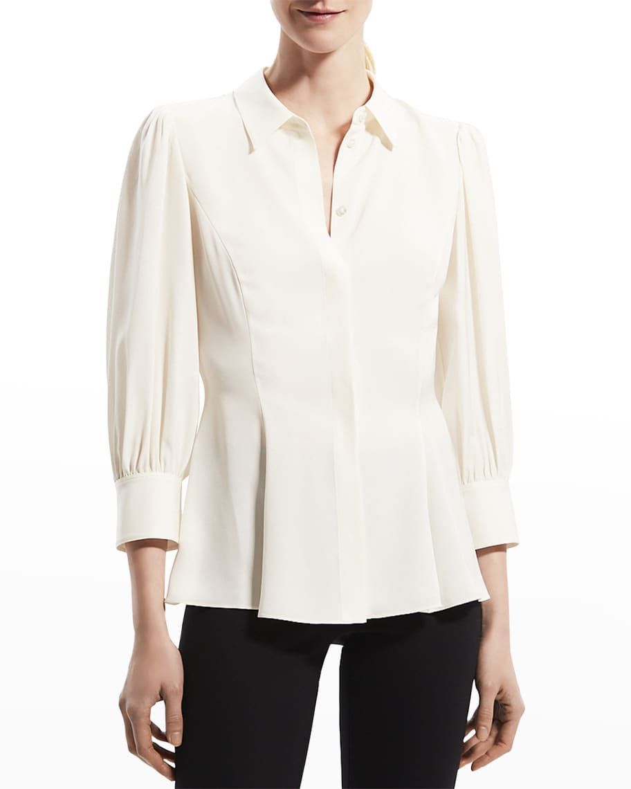 Theory Puff-Sleeve Silk Blouse with Godets | Neiman Marcus