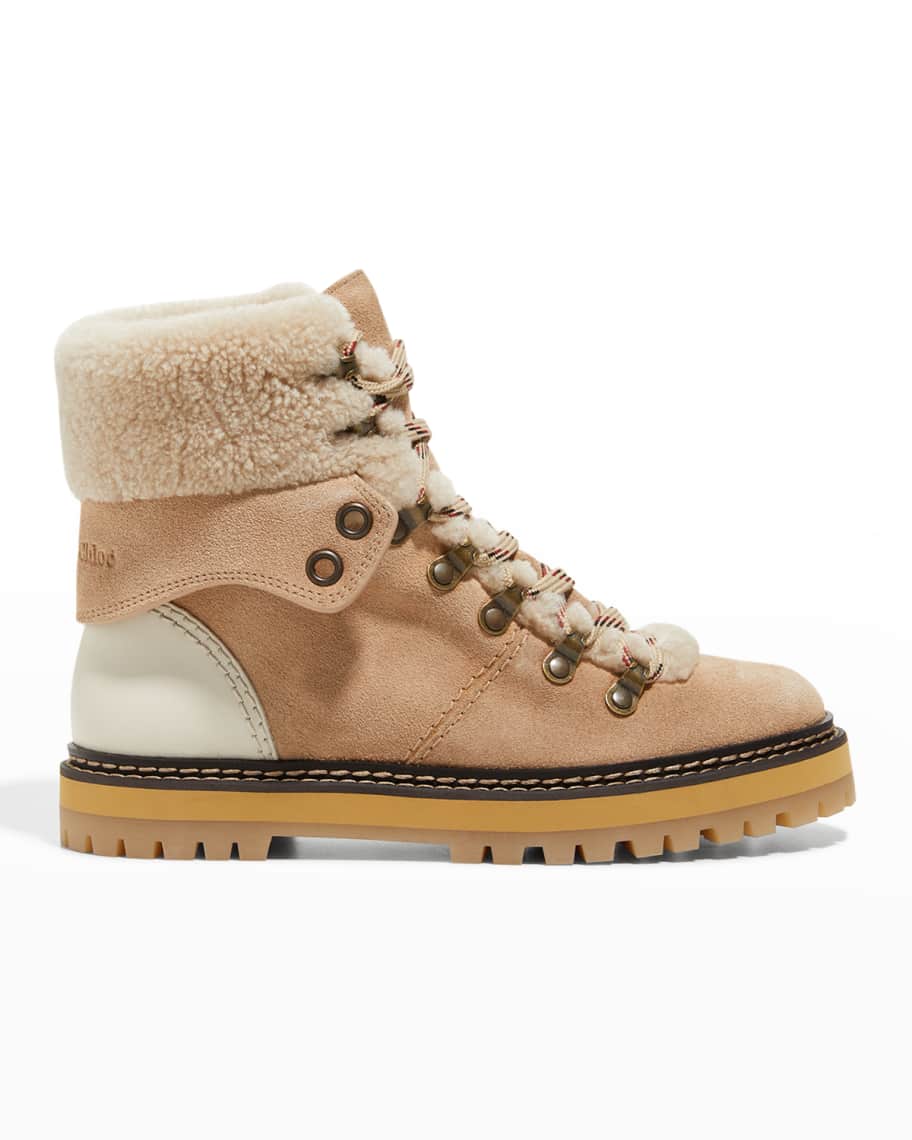 See by Chloe Eileen Mixed Leather Shearling Hiker Booties | Neiman Marcus
