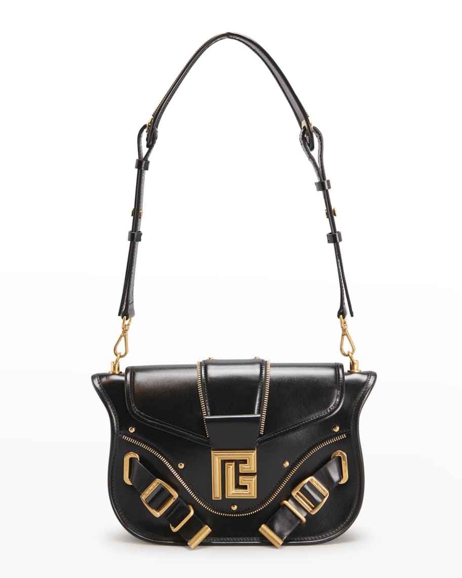 Balmain Blaze Buckle Monogram Box Leather Shoulder Bag | Neiman Marcus