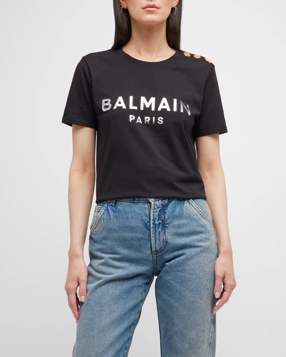 Balmain 3 Button Metallic Logo T Shirt Neiman Marcus