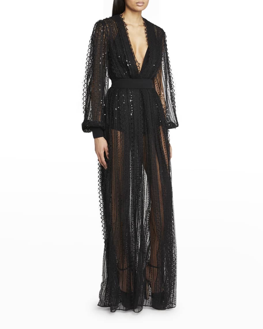 Elie Saab Plunging Paillette Lace Gown | Neiman Marcus