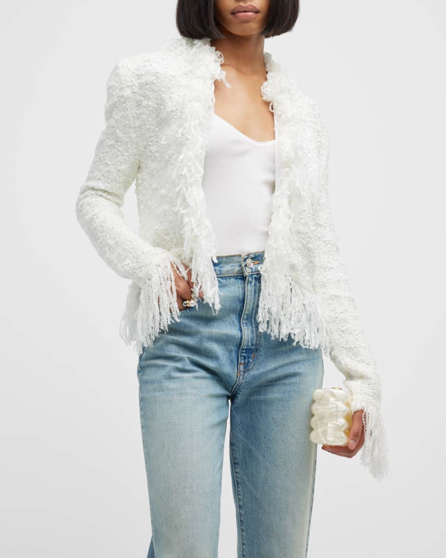 ジャケット BALMAIN COLLARLESS GLITTERED FRINGED TWEED JKT Balmain Women Collarless Glittered Fringed Tweed Jkt In