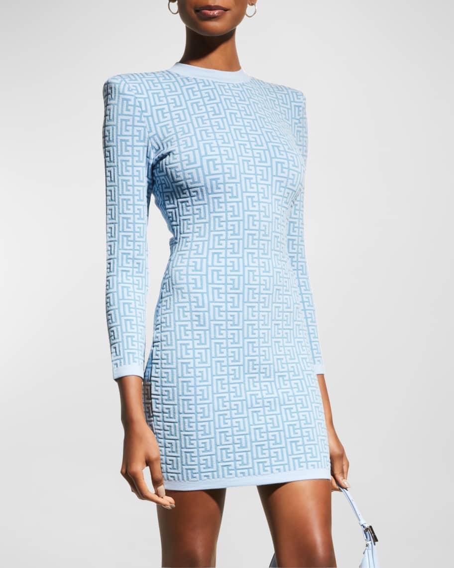 Gutter sympatisk Serena Balmain Long-Sleeve Monogram Knit Mini Dress | Neiman Marcus