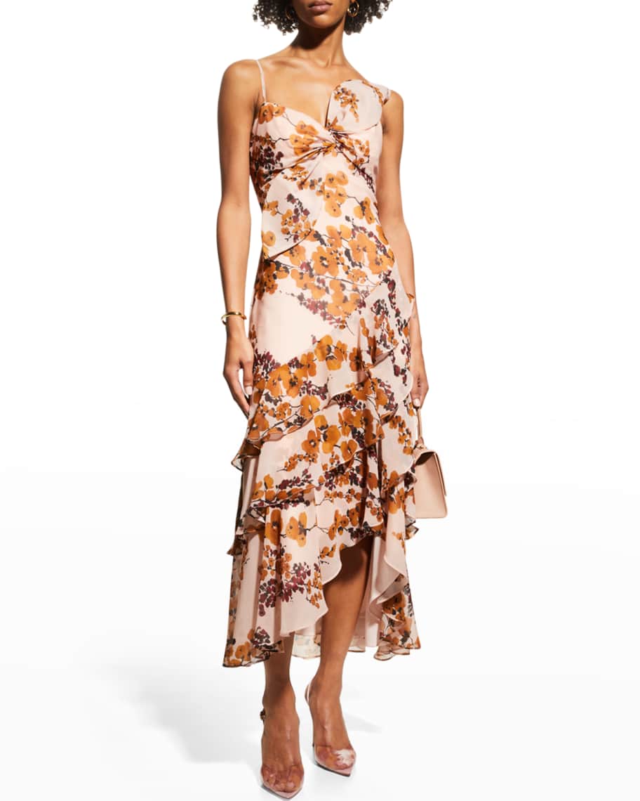 Badgley Mischka Collection Cherry Blossom Ruffled Floral Print Dress