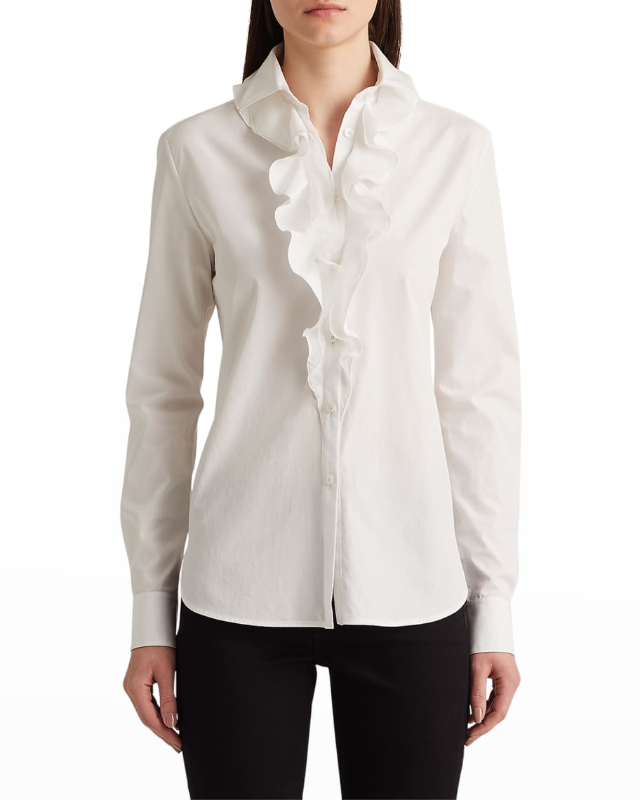 Størrelse thespian Urimelig Ralph Lauren Collection Aryanna Silk Ruffle-Front Collared Shirt | Neiman  Marcus