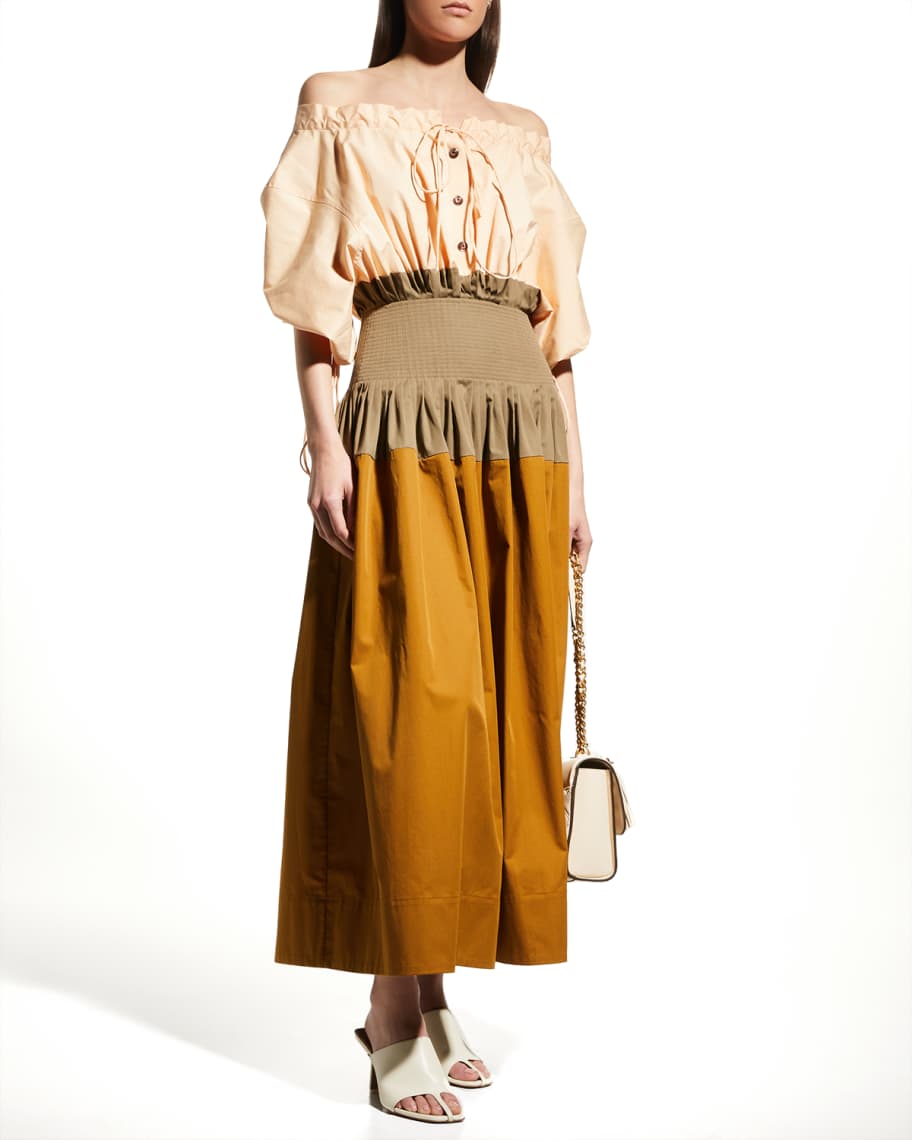 Tory Burch Off-Shoulder Colorblock Poplin Dress | Neiman Marcus