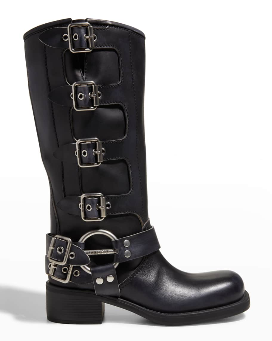 Miu Miu Calfskin Multi Buckle Tall Moto Boots | Neiman Marcus