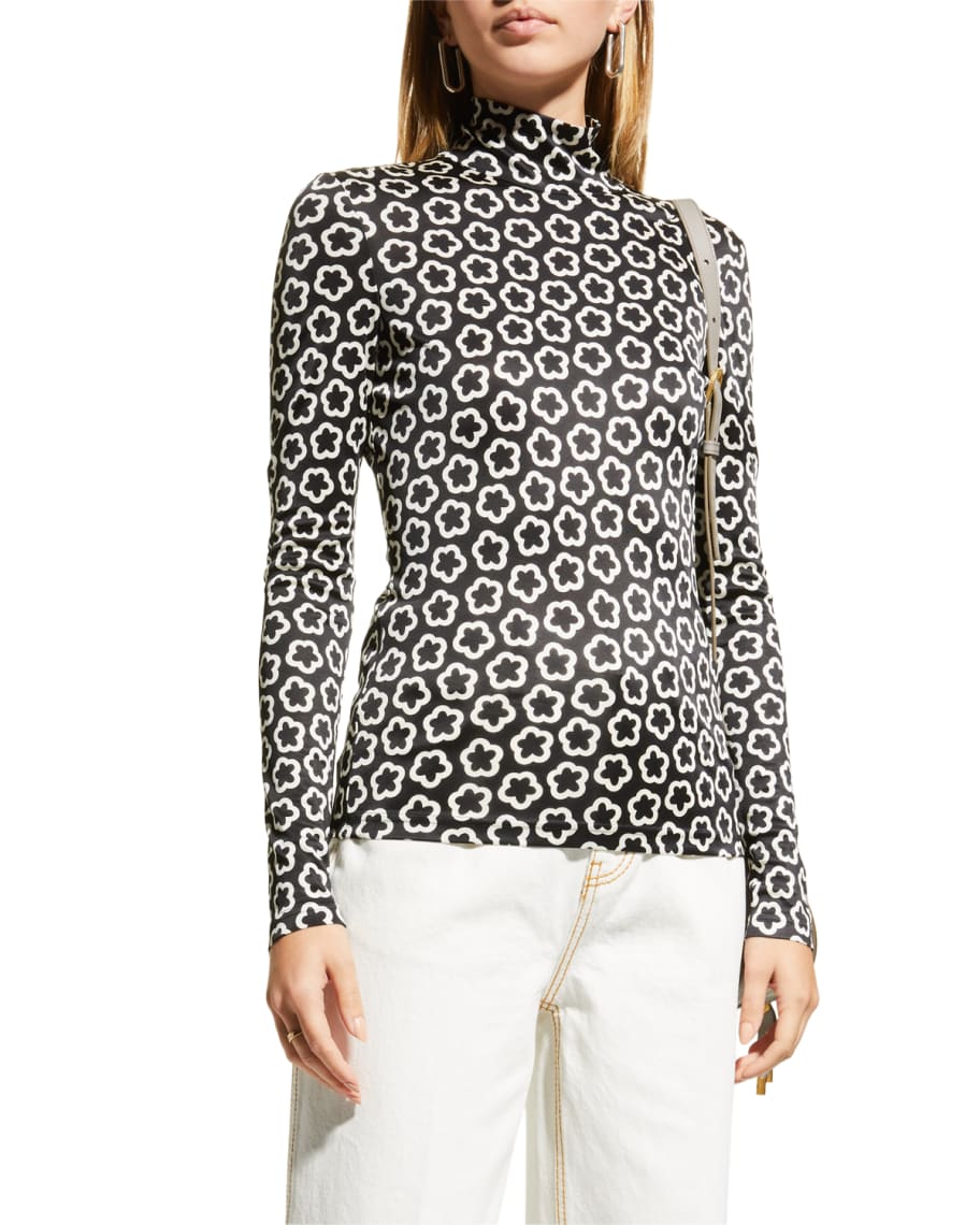 Tory Burch Little Flower Floral-Print Silk Turtleneck | Neiman Marcus