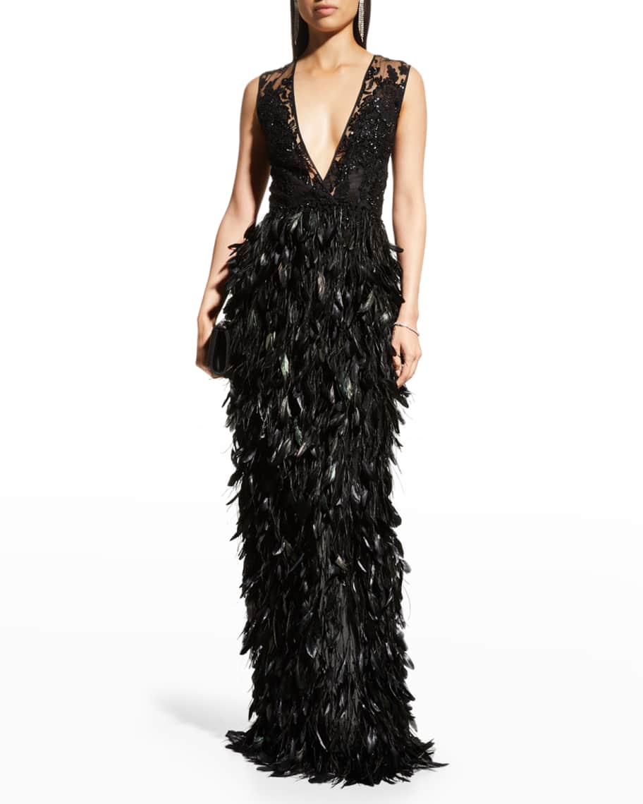 Naeem Khan Plunging Feather Column Gown Neiman Marcus