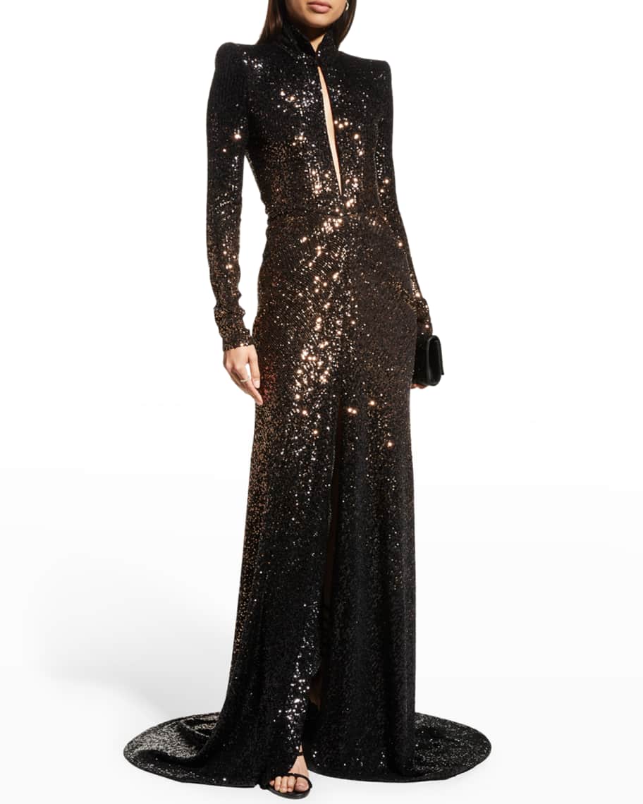 Naeem Khan Ombre Sequin Strong-Shoulder Collared Gown | Neiman Marcus