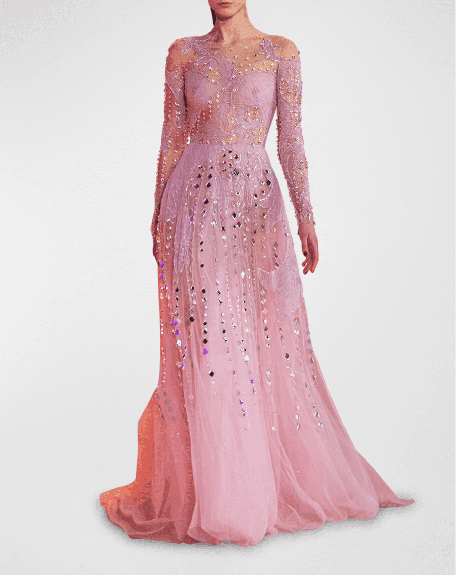 Georges Hobeika Crystal Embellished Lace-Inset Tulle Dress