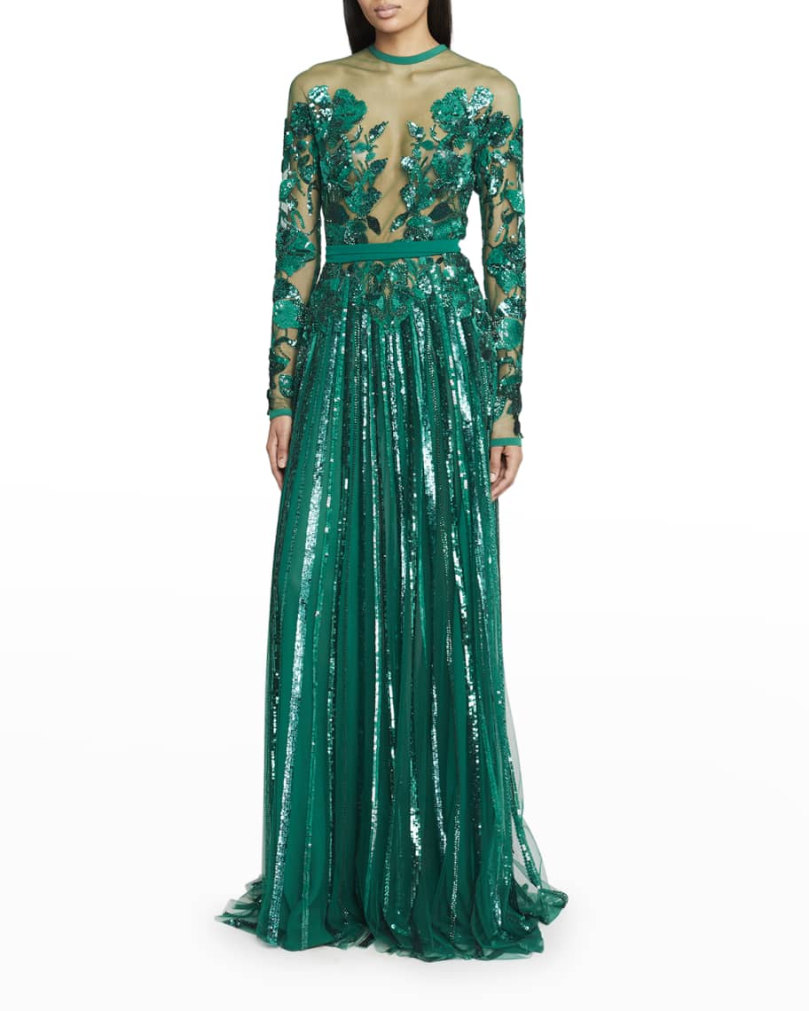 Elie Saab Degrade Floral Beaded Illusion Gown | Neiman Marcus