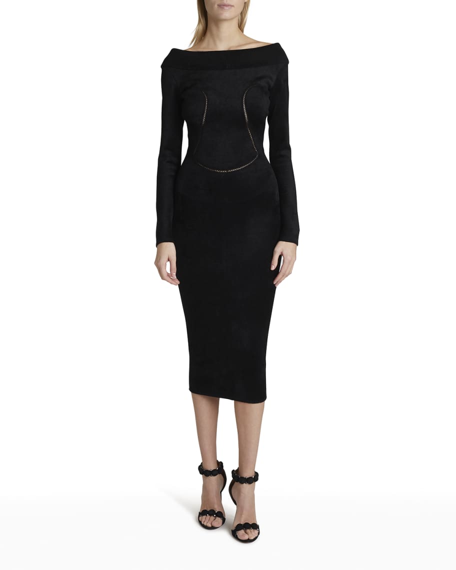 ALAIA Velvet Off-The-Shoulder Midi Bodycon Dress | Neiman Marcus