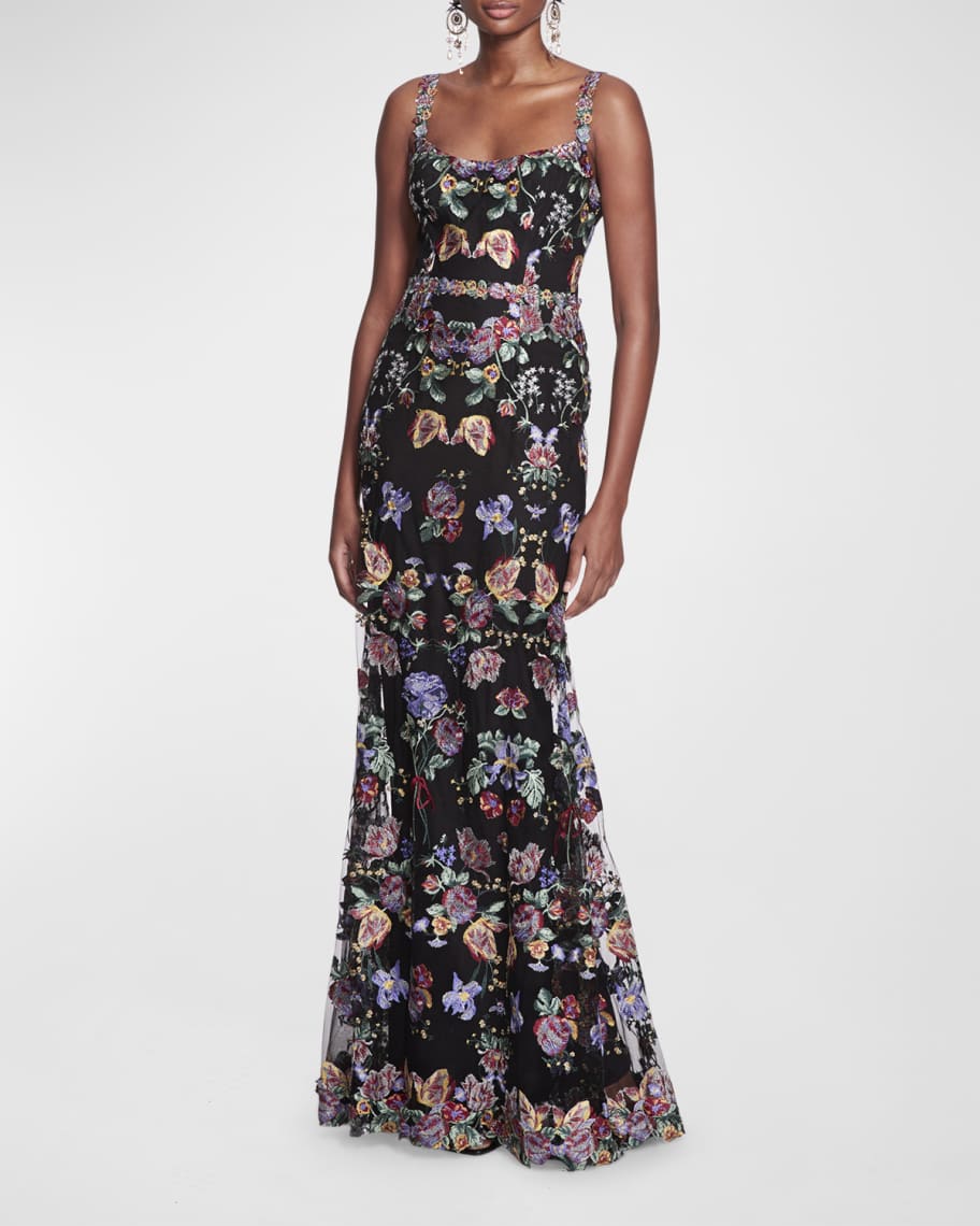 Marchesa Notte Metallic Floral Embroidered Tulle Gown | Neiman Marcus