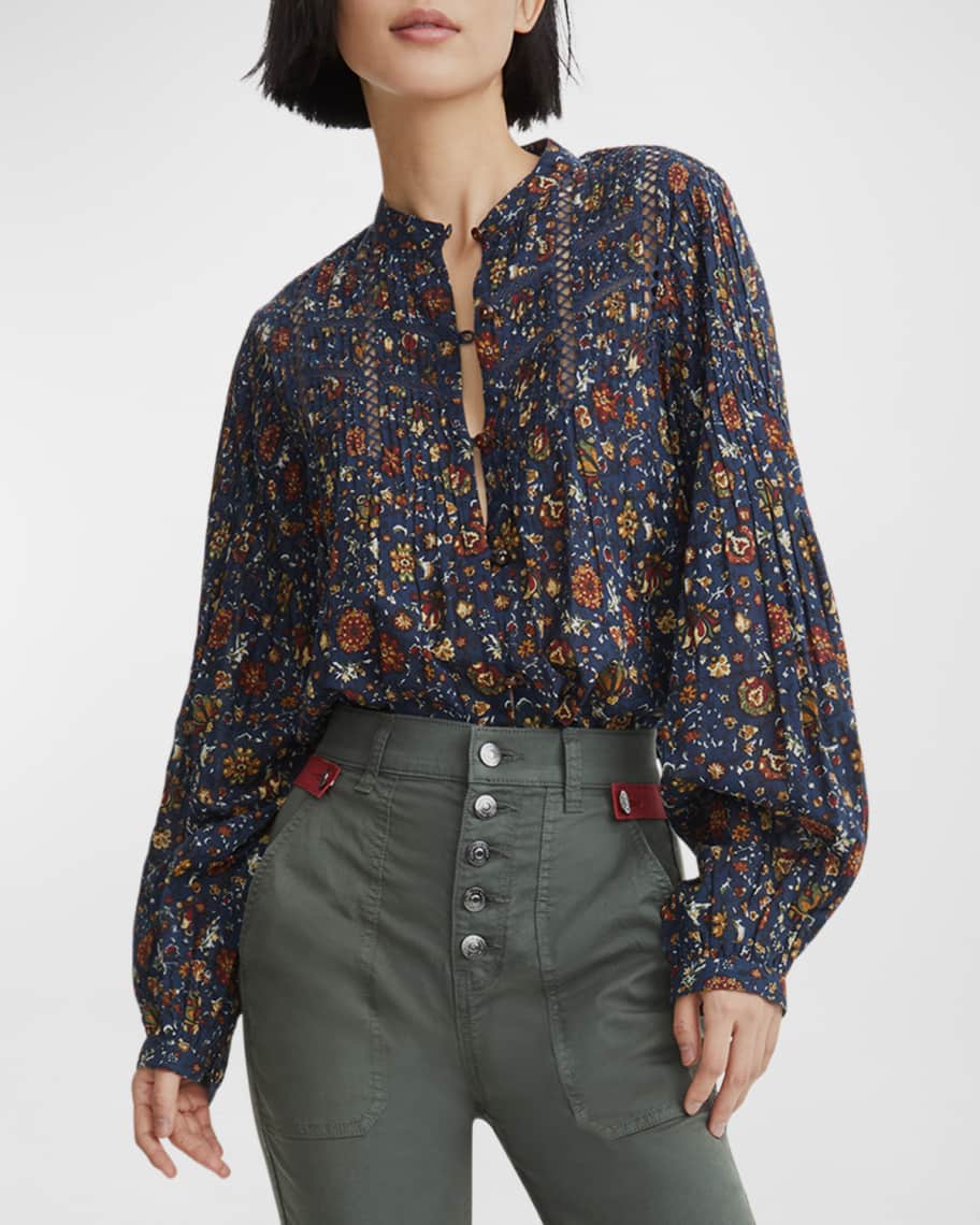 Veronica Beard Sherwood Floral Pleated Button-Front Blouse | Neiman Marcus