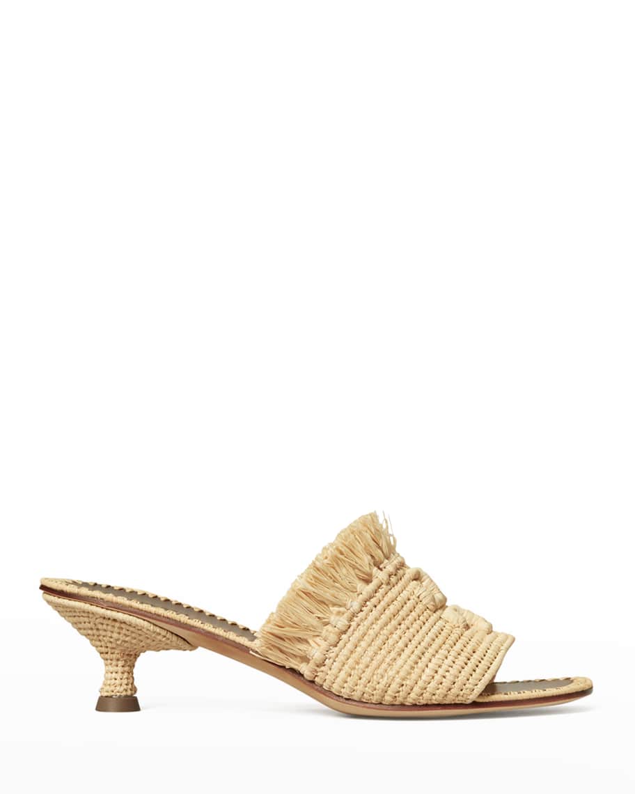 Tory Burch Eleanor Raffia Double T Slide Sandals | Neiman Marcus