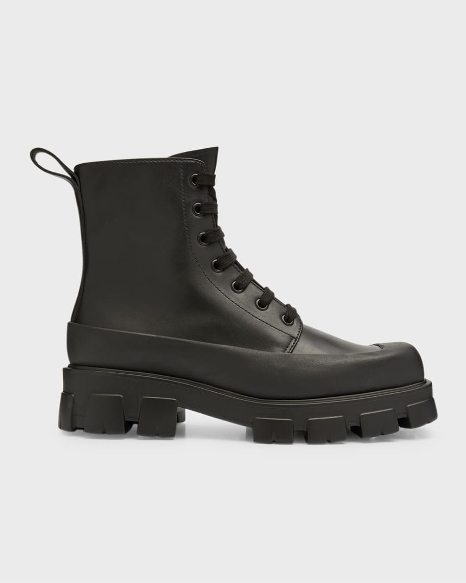 Prada Men's Lug-Sole Leather Combat Boots | Neiman Marcus
