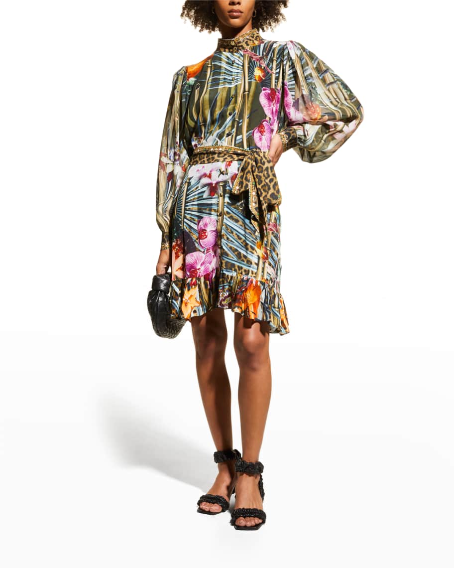 Camilla Drop-Sleeve Belted Silk Mini Shirtdress | Neiman Marcus