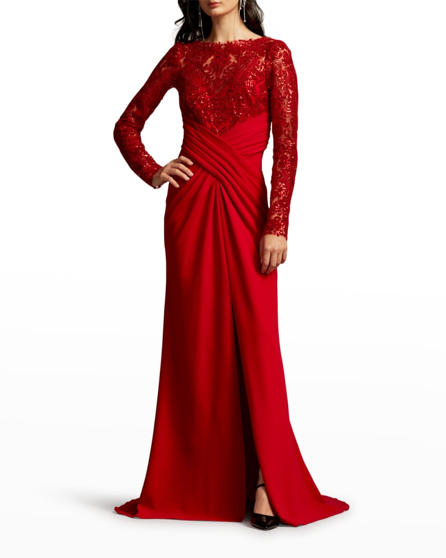 Tadashi Shoji Pleated Sequin Crepe Gown | Neiman Marcus