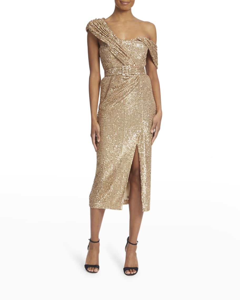 Badgley Mischka Collection Belted One-Shoulder Sequin Dress | Neiman Marcus