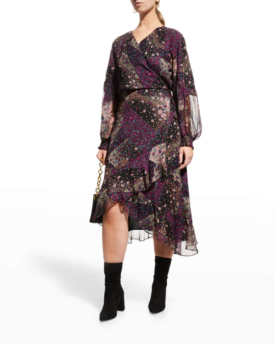 Whitney Morgan Plus Size Chiffon Faux-Wrap Midi Dress | Neiman Marcus