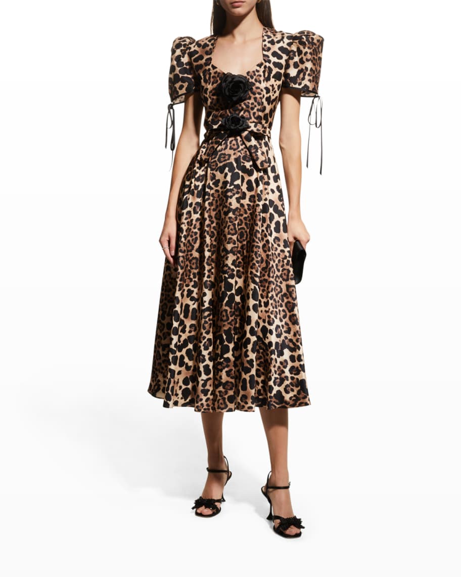 Rodarte Leopard Puff-Sleeve Belted Silk Twill Midi Dress | Neiman Marcus