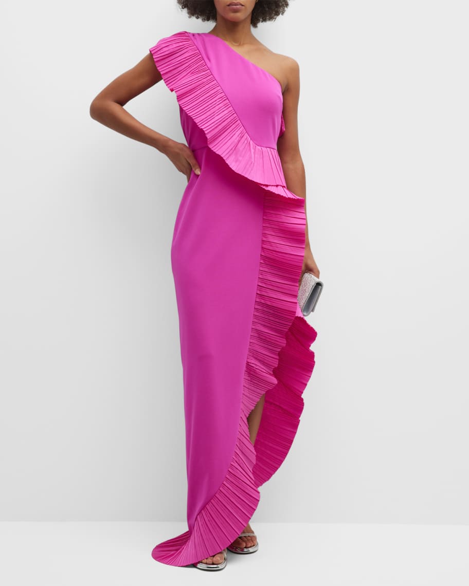 One33 Social One-Shoulder Gown with Pleated Ruffles | Neiman Marcus