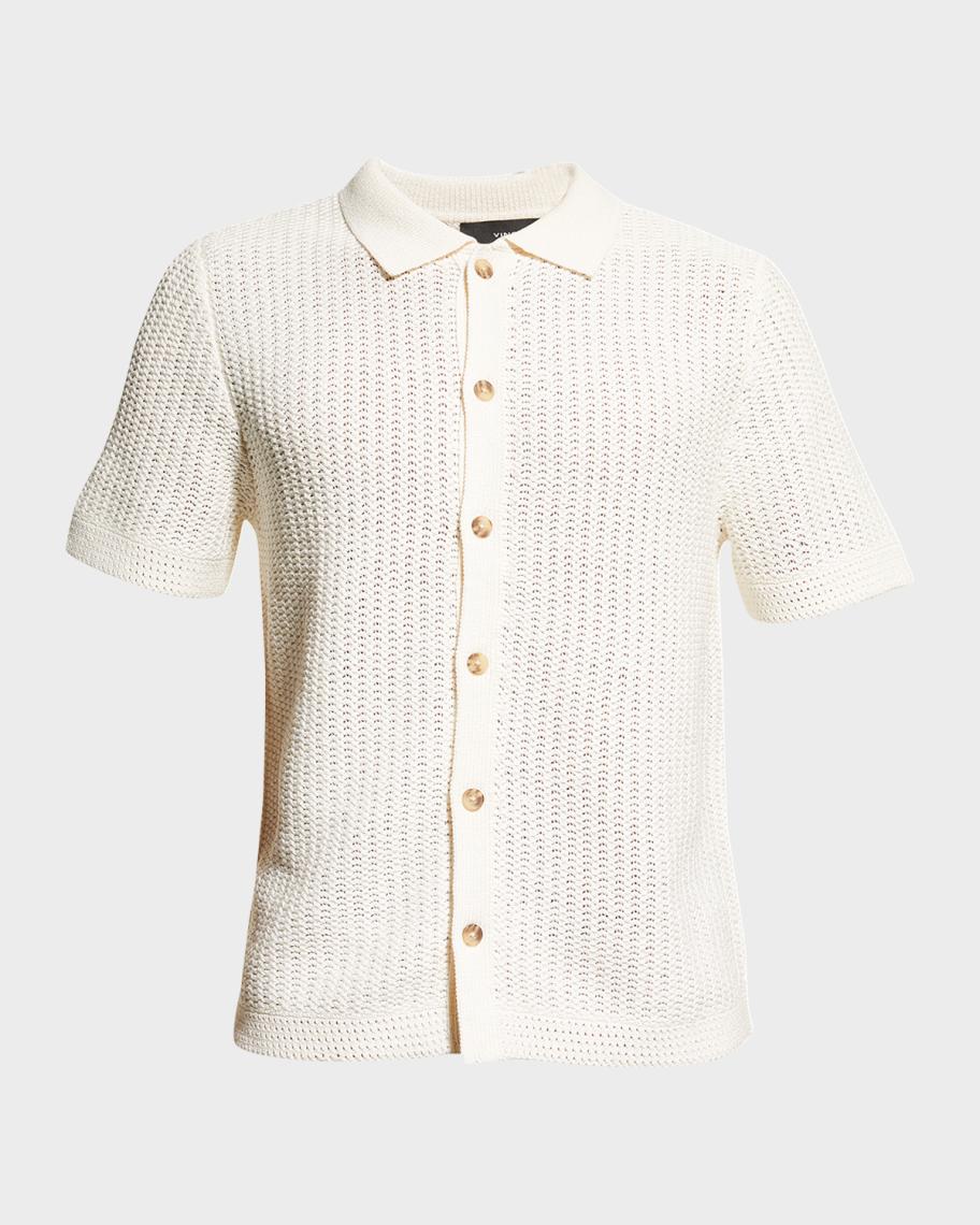 Men's Crochet Striped Shirt - Hollow Out Button Down Short Sleeve Summer Top