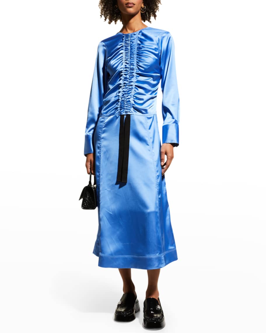 Ganni Silk Ribbon-Cinched Midi Dress | Neiman Marcus