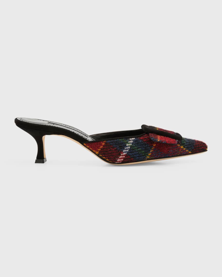 Manolo Blahnik Maysale Plaid Kitten-Heel Mules | Neiman Marcus