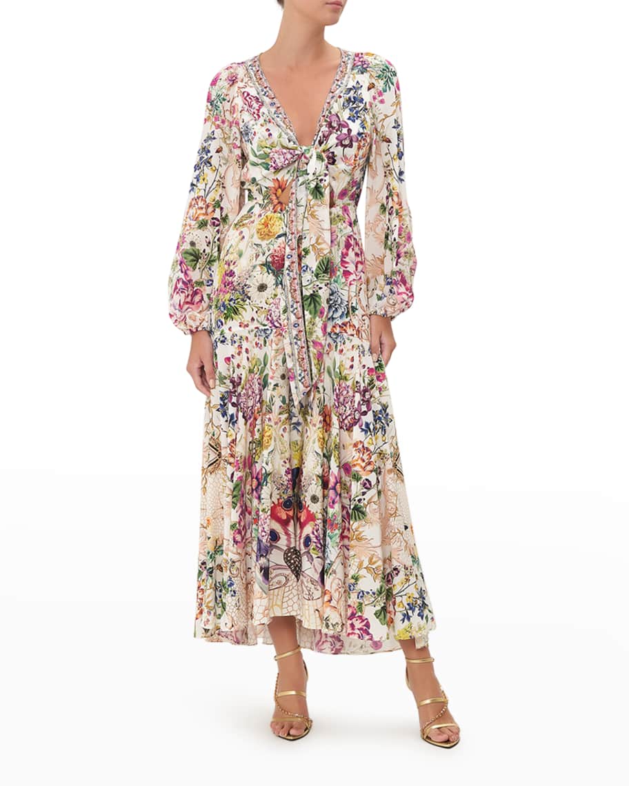 Camilla Wrap-Tie Blouson-Sleeve Silk Maxi Dress | Neiman Marcus