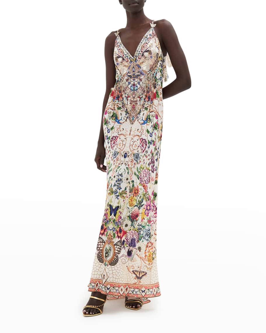 Camilla V-Neck Bias Long Silk Slip Dress | Neiman Marcus