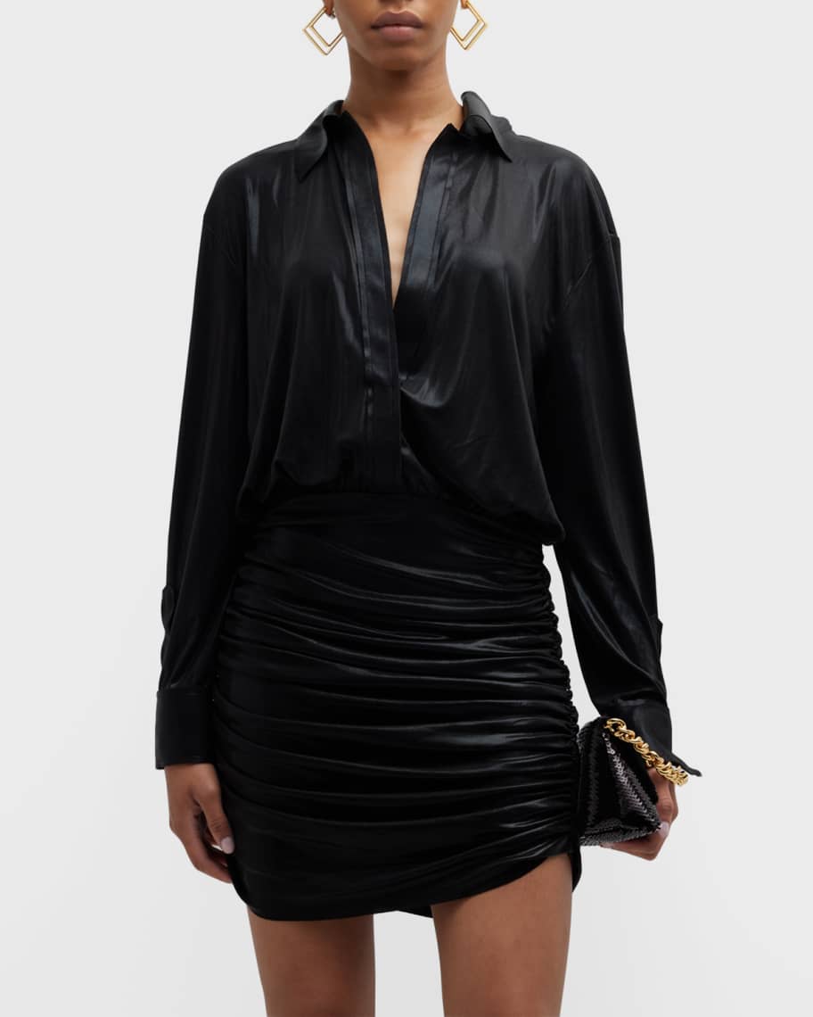 Norma Kamali Vegan Leather Shirred-Skirt Mini Dress | Neiman Marcus