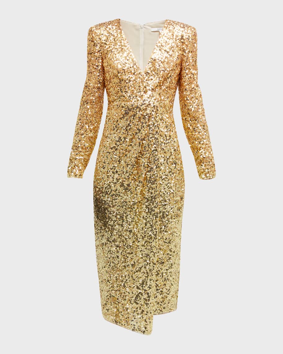 Badgley Mischka Collection Drape Mixed Sequin Midi Dress | Neiman Marcus
