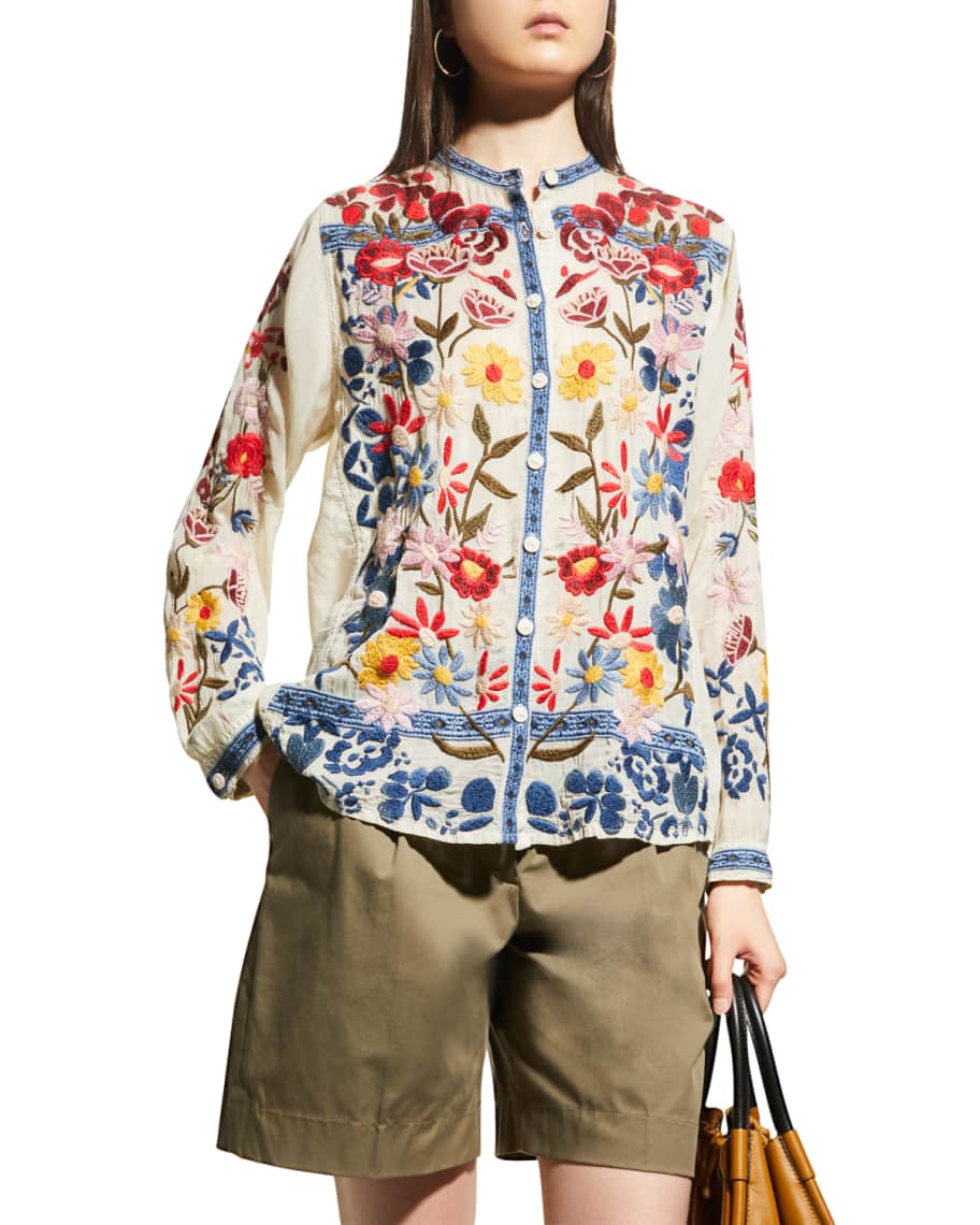 Johnny Was Edie Floral-Embroidered Button-Down Blouse | Neiman Marcus