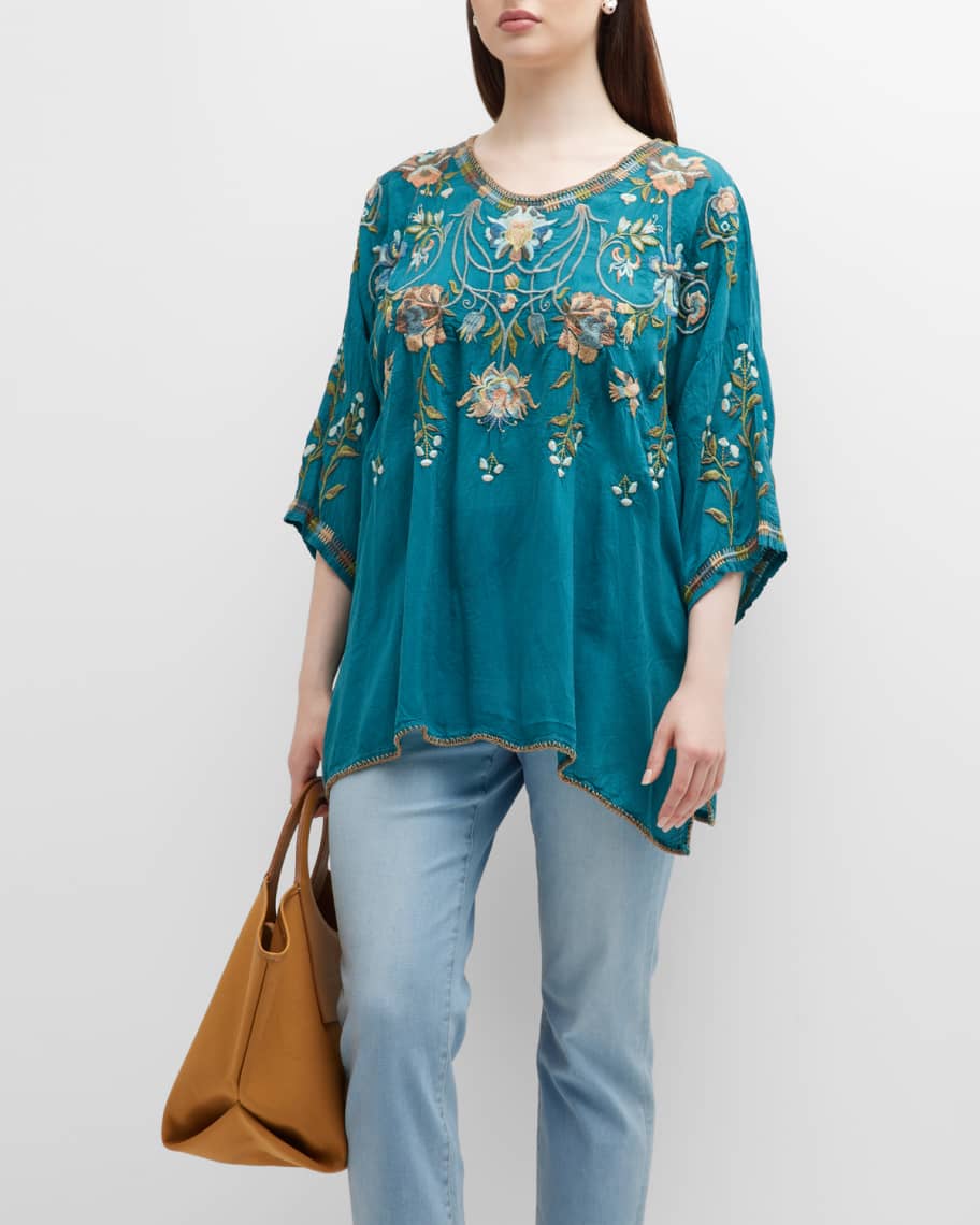 Johnny Was Plus Size Millicent Floral-Embroidered Blouse | Neiman Marcus