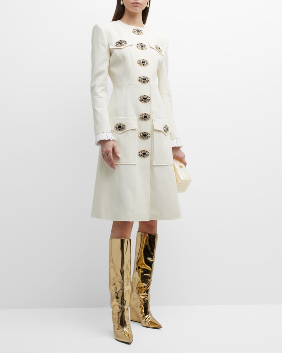 Andrew Gn Gem Buttons Ruffle Cuff A line Woven Coat Neiman Marcus