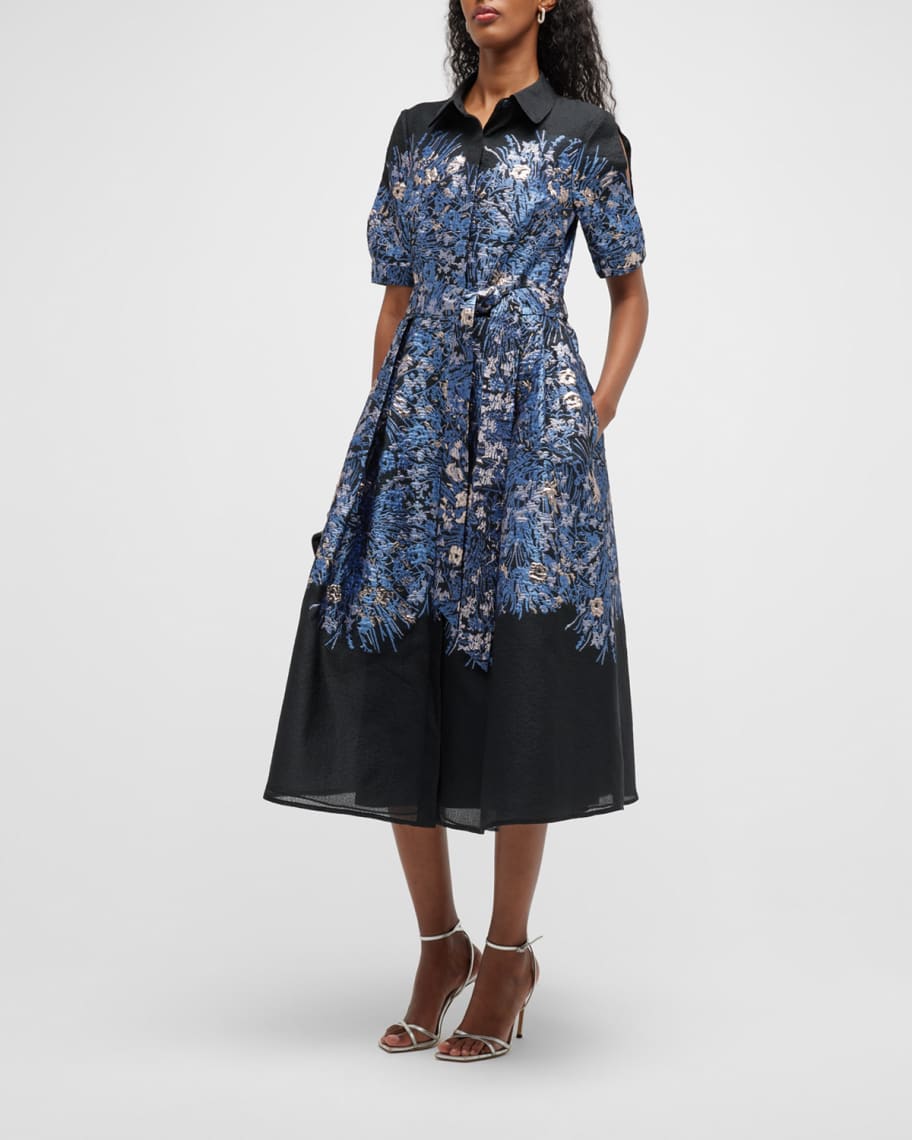 Rickie Freeman for Teri Jon Floral Jacquard Midi Cocktail Dress Neiman Marcus