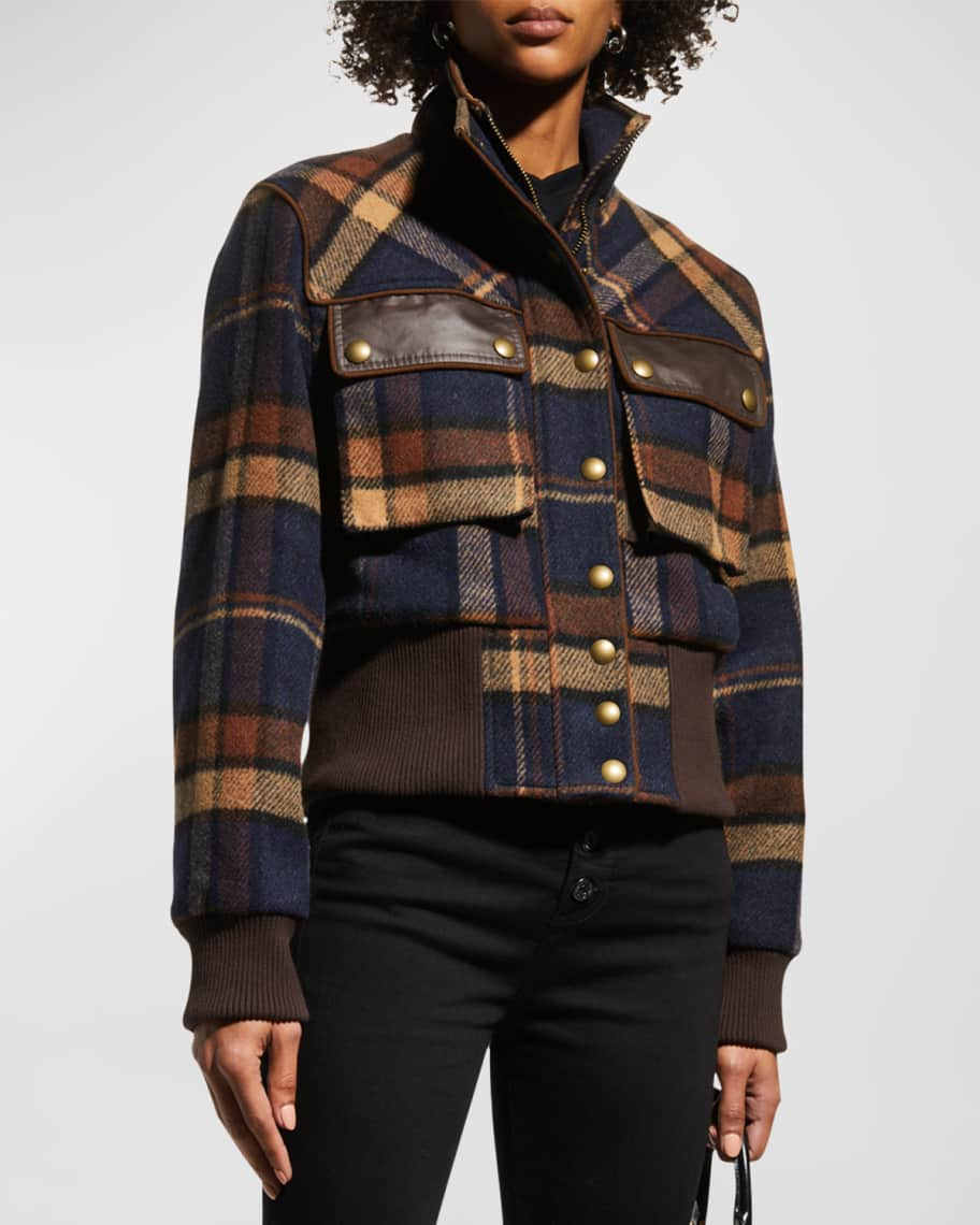 Veronica Beard Jadis Plaid Snap-Front Wool Bomber Jacket | Neiman