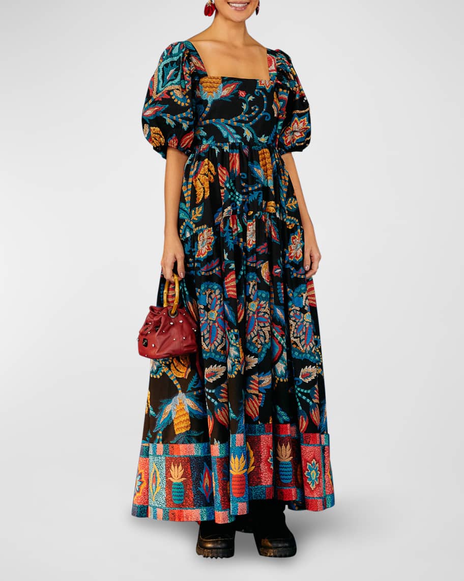 Farm Rio Sunset Tapestry Puff-Sleeve Maxi Dress | Neiman Marcus
