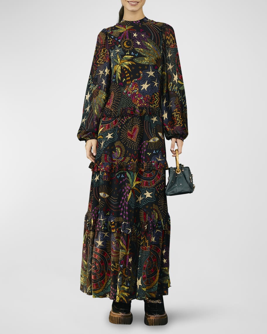 chinese dress ladies Farm Rio Amazonia Puff-Sleeve Printed Maxi Dress