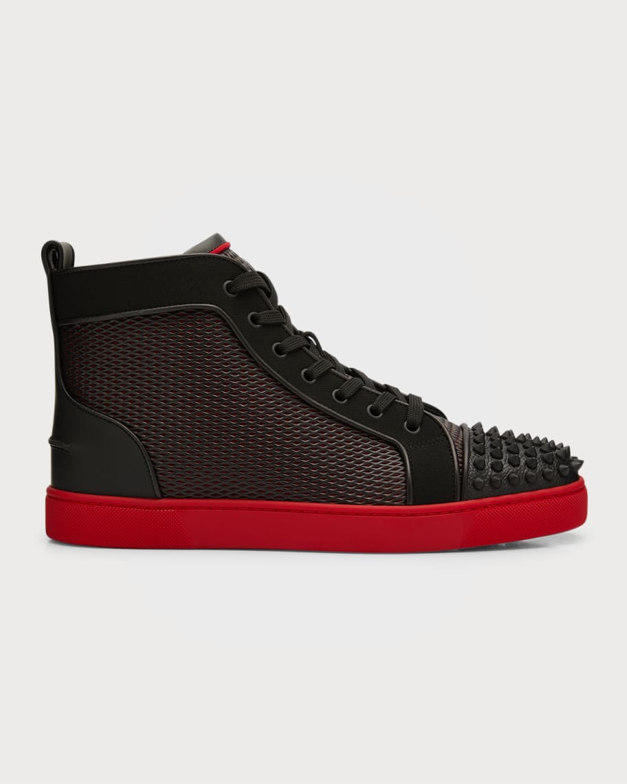 Christian Louboutin Men's Lou Spikes Orlato Metallic Leather/velvet  High-top Sneakers In Black